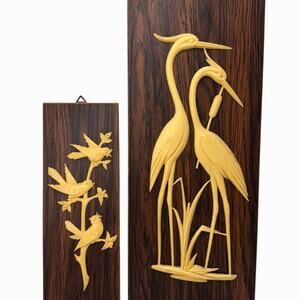 2 Vintage 15" Crane Heron 10" Birds Wood Plaque Wall Art GERMANY boho Bohemian